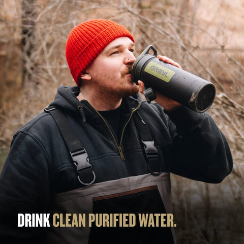 Person using GeoPress 24 Oz Water Purifier Bottle For Hiking And Camping, Ultimate Survival Filter For Travel, in Black Camo