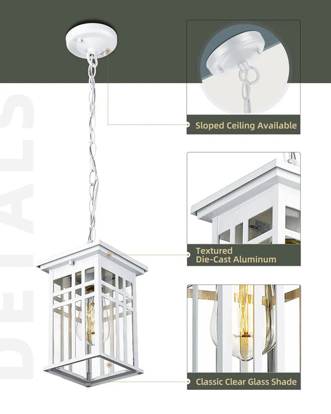 Porch Sidekick Outdoor Pendant Light For Porch And Gazebo with white aluminum housing and clear glass shade, UL listed