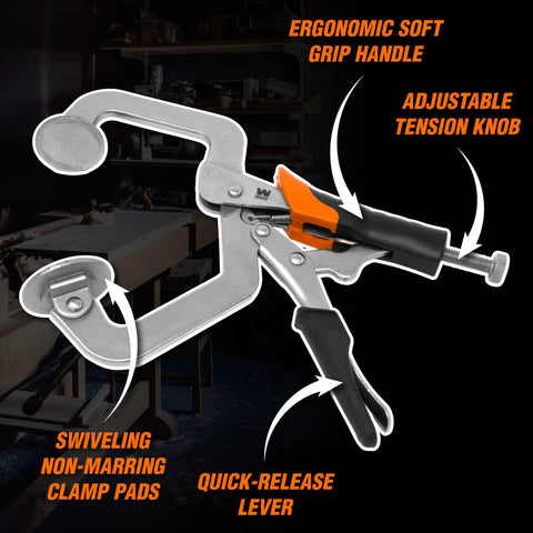 3 Inch Face Clamp For Woodworking And Pocket Hole Joinery With Quick Release Ergonomic Soft Grip Handles displayed with features labeled.