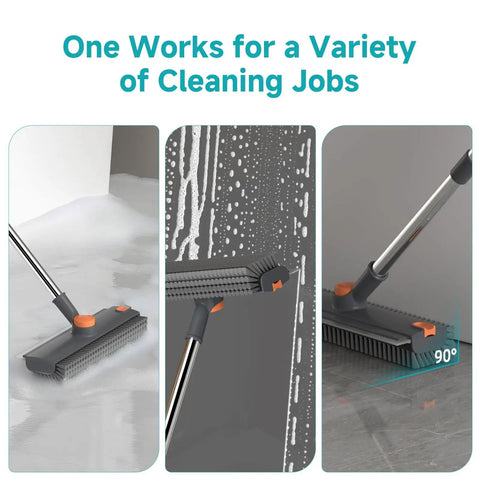 3 In 1 Floor Scrub Brush With Long Adjustable Handle Heavy Duty Stiff Bristles And 90 Degree Design Squeegee And Tweezer For Cleaning Bathrooms Kitchens Garages Tiles Decks And Patios Gray in use on various surfaces