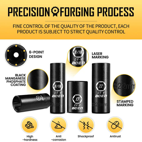 Precision forging and markings on the Three Eighth Inch Drive Impact Socket Set With Ratchet Handle Extension Bar Universal Joint And Adapter Includes 57 Piece SAE And Metric Sockets From Five Sixteenths To Three Fourth Inch And Eight To Twenty Two Millimeter For Serious Gearhead Work.
