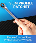 Hand holding Unbreakable 10mm Ratcheting Wrench With Slim Profile For Tight Spots Chrome Vanadium Steel Construction