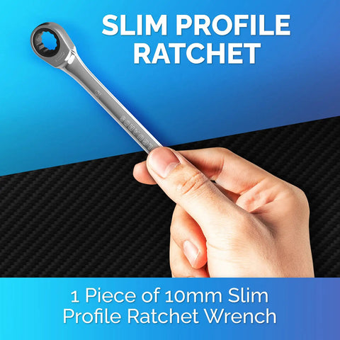 Hand holding Unbreakable 10mm Ratcheting Wrench With Slim Profile For Tight Spots Chrome Vanadium Steel Construction