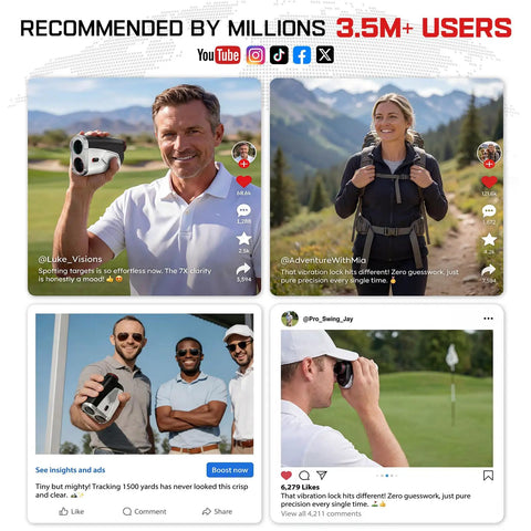 Various people using Upgraded 0.5 Second Pin Lock Golf Rangefinder With Slope, 2X HD Bright LCD, 1500 Yards Range, 7X Magnification outdoors