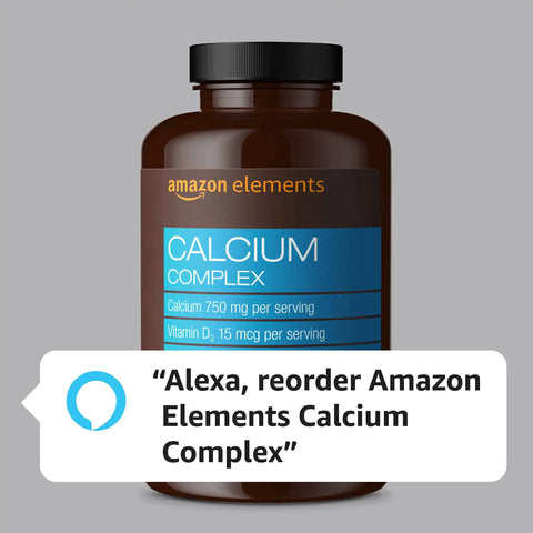 Calcium Complex 750Mg With Vitamin D2 And Magnesium From Marine Algae For Bone Health, Vegan Formula bottle with Alexa reorder feature.