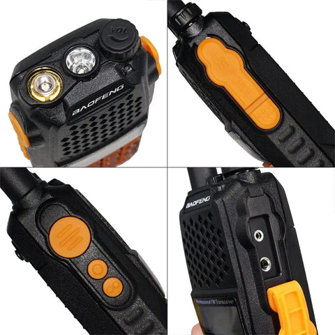 Close-up of UV-6R Ham Radio Handheld 5W Walkie Talkie For Adults showing controls and ports, outdoor ready, dual band.