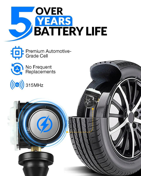 Preprogrammed Tpms Tire Pressure Sensor Replacement For Chevy Malibu Impala Buick Encore Enclave 2006 Through 2020 Plug And Play Swap Get Back Rolling Tight showing sensor with long battery life.