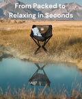 Ultra Compact Portable Camp Chair That Folds To Bottle Size Ready In Seconds A Real Game Changer For Camping And Outdoors Supports Up To 350 Lbs Lightweight And Built For Hiking Adventures Black by a mountain lake