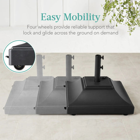 Fillable Mobile Umbrella Base With Four Wheels And Locks Beefy Heavy Duty Square Stand For Patio And Deck 120lb Capacity Sand Weight Easy Mobility Wind Resistant Design Black shown with wheels and locks detail