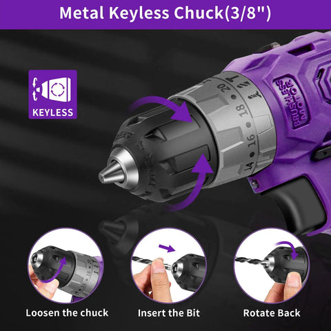 Close-up of Purple Brushless Cordless Drill Set For Home DIY showing metal keyless chuck and bit insertion steps.