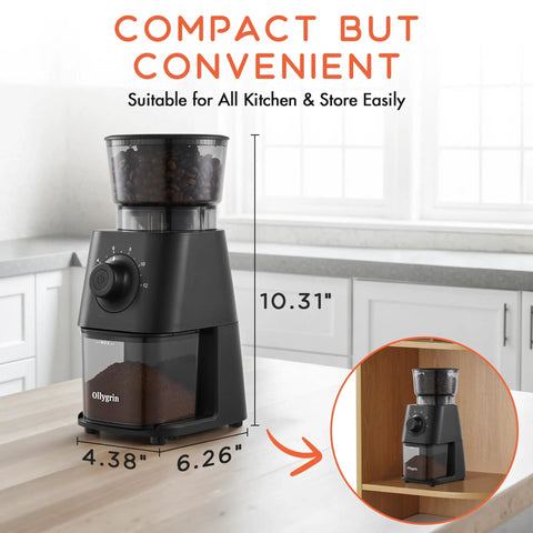 Level Up Your Coffee Game With This Electric Conical Burr Grinder Packing 30 Quick Settings From Fine Espresso To Coarse French Press Chill Low Noise Operation Sleek Compact Design For Daily Brews Black on kitchen counter.