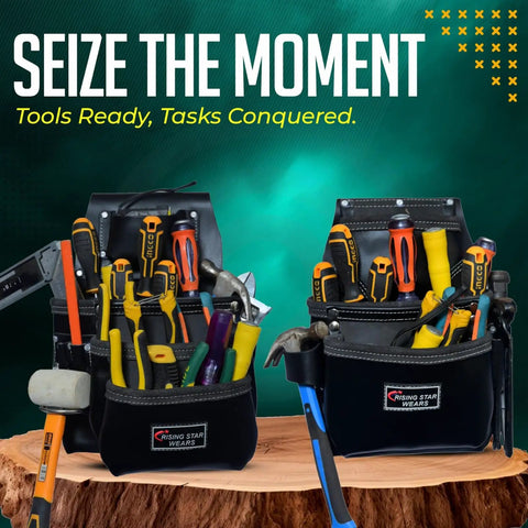 Oil Tanned Leather Tool Belt With Padded Belt 18 Pocket Carpenter Pouches And Dual Hammer Holsters Heavy Duty Mens Work Belt For Pliers Nails Levels Knives And More Built For Pros loaded with tools on a wooden surface.