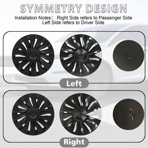 Tesla Model Y Wheel Covers 19 Inch 4 Piece Set Sleek Rim Guards showing left and right side designs for easy installation.