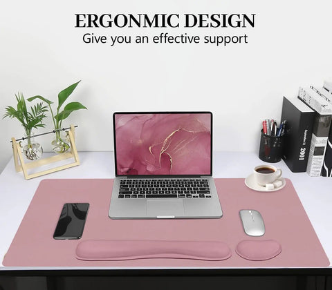 3 In 1 Large Keyboard And Mouse Pad Set With Ergonomic Wrist Rests, Waterproof Non Slip Base Desk Mat For Computer, Purple Pink Color, 31.5 Inch By 15.7 Inch, Ideal For Gaming And Office Use with accessories visible.