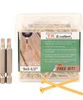 Pack of Heavy Duty 2-1/2 Inch Wood Deck Screws Set With Torx Drive #9 Rust Resistant Tan Exterior Structural Screws 395 Pcs Ruspert Coating For Rust Proofing No Pre Drill Required Self Tapping Point Includes Two T25 Bits with screws and bits visible