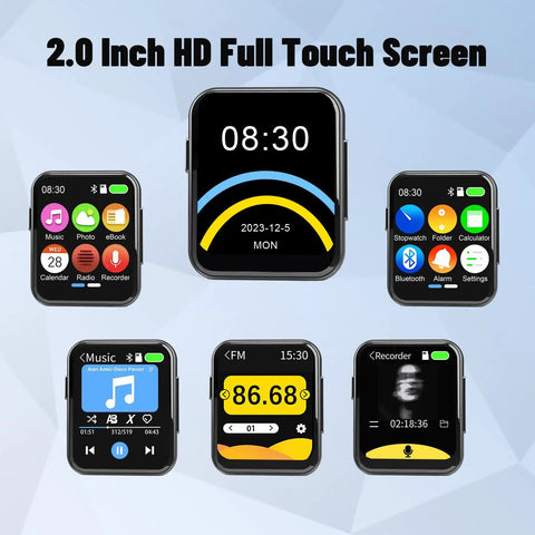 128GB MP3 Player With Bluetooth 5.3, 2.0 Inch HD Full Touch Screen displaying various apps and features.
