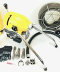 Heavy Duty Sectional Pipe Drain Cleaner With A Powerful 1.5 Hp Motor And 110V Setup, yellow machine with accessories and cables.
