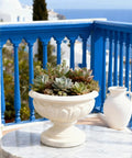Succulent arrangement in an ornate white planter on a marble table, overlooking a coastal view with blue railings and vase.