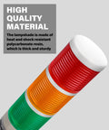 Close-up of LED Warning Light Tower With Buzzer for CNC Machines in red, orange, green with polycarbonate lampshade.