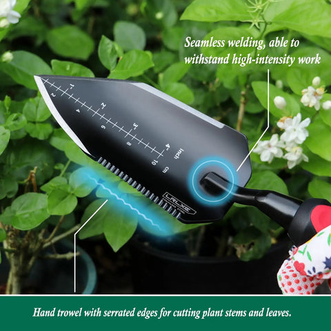 Heavy Duty Stainless Steel Garden Trowel With Non Slip Rubber Handle For Digging Weeding Transplanting And Soil Scooping Serrated Three Inch Edge For Cutting Roots And Weeds Built Tough Workhorse For Rocky Dirt in a garden scene.