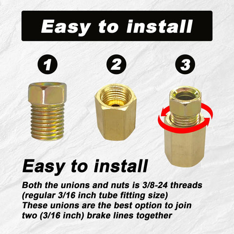 Brass Inverted Flare Brake Line Fittings Kit 12 Pieces Three Eighths Inch With Twenty Four Threads Four Unions And Eight Nuts For Three Sixteenths Inch Brake Line Tube Rust Resistant Beefy Heavy Duty Auto Hardware easy install