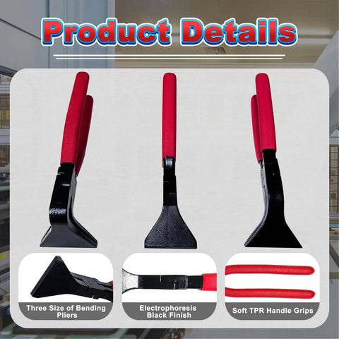 3 Piece Hand Seamers Set With Straight Jaw, 45 Degree, And 90 Degree Pliers, red handles, black finish, tool details shown