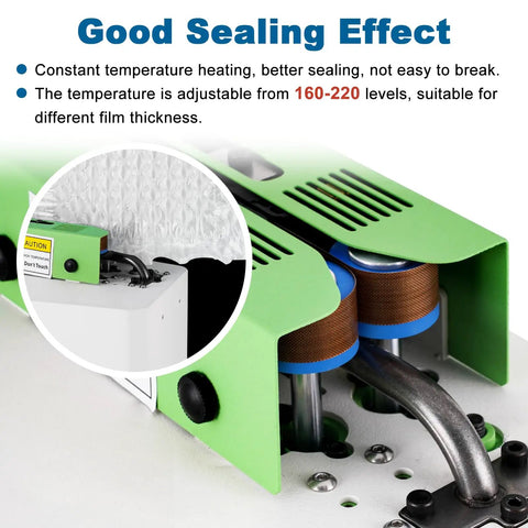 Close-up of Straight Up Heavy Duty Air Cushion Maker Slick Self Sealing Packer, showing adjustable temperature control, suitable for various films.