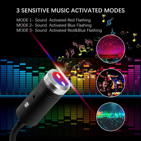 USB Star Light Sound Activated Night Light For Car And Home With 3 Color Options And 9 Modes, Plug And Play Red And Blue Romantic Ceiling Decor For Parties Rooms And Rides with music modes.