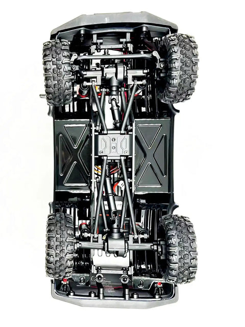 Underside view of RockVan RC Crawler One Eighteenth Scale With Two Speed Transmission And All Metal Gears Ready To Run Evolved EVO Platform.