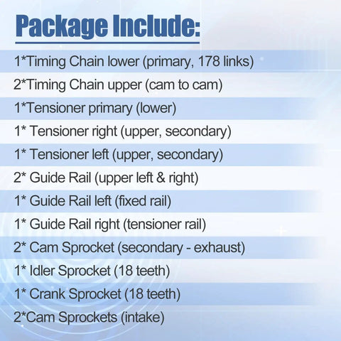 Package contents for Drop In Timing Chain Kit With VVT Cam Phaser Sprockets And Guides For 4L V6 1GR FE Toyota Tacoma 2005 To 2015