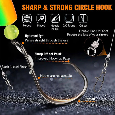 Close-up of circle hook with T knot on Pompano Surf Fishing Rigs With Hand Tied Unique T Knot Saltwater Floats Pre Rigged