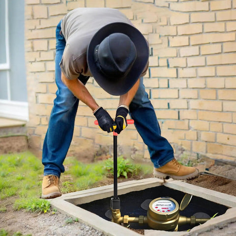 Heavy Duty 17 Inch Water Meter Key And Shut Off Tool With Four Way Utility Socket used by man on a water valve.