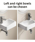 HAOCHRYSYPH Wall-Mounted Bathroom Sink, Ceramic, Milk White, 14x10 in. showing left and right bowl options with modern faucet.