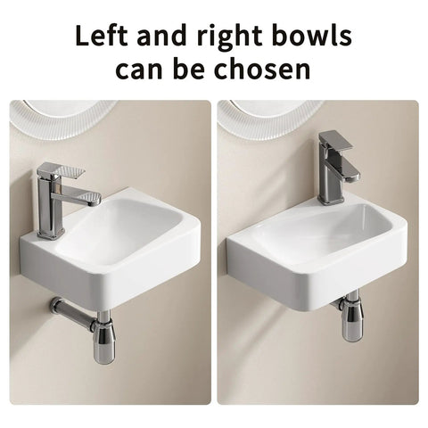 HAOCHRYSYPH Wall-Mounted Bathroom Sink, Ceramic, Milk White, 14x10 in. showing left and right bowl options with modern faucet.