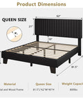 Heavy Duty Queen Bed Frame With Padded Linen Headboard dimensions showing 81.5''L x 62''W x 40''H, solid wood and metal construction.
