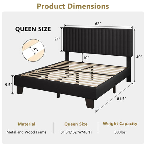 Heavy Duty Queen Bed Frame With Padded Linen Headboard dimensions showing 81.5''L x 62''W x 40''H, solid wood and metal construction.