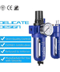 Three Eighths NPT Compressed Air Filter Regulator Lubricator FRL With Zinc Alloy Body and Brass Element, front view showing design.