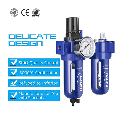 One Half Inch NPT Air Filter Regulator Lubricator Combo FRL With Zinc Alloy Body and Displayed Gauges