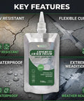Heavy Duty Concrete Crack Filler With Slick Hydrocarbon Guard And Deep Penetrating Base Seal For Auto Shop Floors and Driveways that shows key features like UV resistance, waterproofing, and flexible cure.