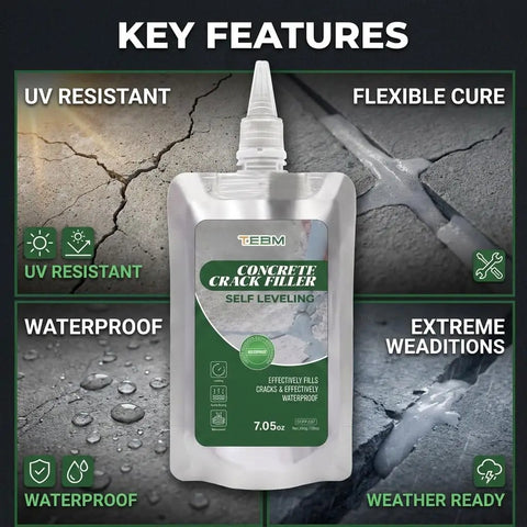 Heavy Duty Concrete Crack Filler With Slick Hydrocarbon Guard And Deep Penetrating Base Seal For Auto Shop Floors and Driveways that shows key features like UV resistance, waterproofing, and flexible cure.