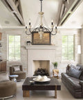 Five-Light French Country Rustic Chandelier With Glass Bead Chains, White Distressed Wood Finish over living room