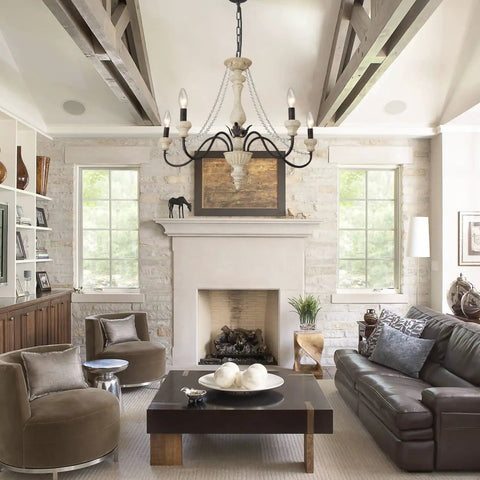 Five-Light French Country Rustic Chandelier With Glass Bead Chains, White Distressed Wood Finish over living room