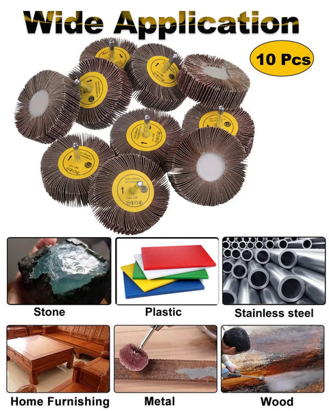 One Quarter Inch Abrasive Flap Wheel Sander Set With 80 Grit Aluminum Oxide Flap Wheels Cylindrical Shape Sanding Wheels shown
