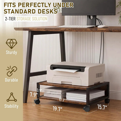 Straight Up Slick 2 Tier Printer Stand Under Desk With Easy Glide Wheels And Open Lower Shelf For A4 Paper Storage Brown Desktop Organizer Keeps Your Home Office Super Fresh And Dope