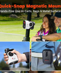 Golf Rangefinder With Slope And Red Backlight, 1500-Yard Laser mounted on a golf cart, hand holding the rangefinder, carrying case attached to bag.