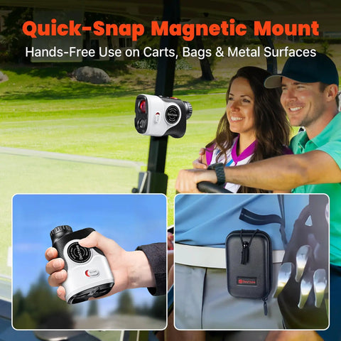 Golf Rangefinder With Slope And Red Backlight, 1500-Yard Laser mounted on a golf cart, hand holding the rangefinder, carrying case attached to bag.