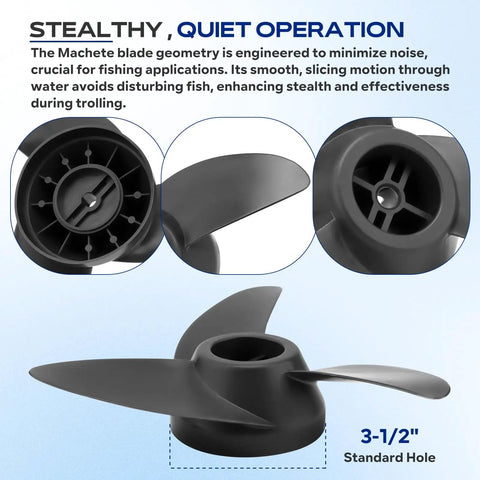 3 Blade Trolling Propeller Machete III Style Replacement For 3.5 Inch Motor Diameters in black, close-up view