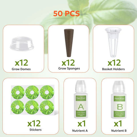 Indoor Hydroponic Seed Pod Starter Kit For Herb Garden, 50 Piece All In One Grow Bundle With 12 Sponges, 12 Baskets, 12 Germination Domes, 12 Plant Labels, 2 Part A B Nutrients, 12 Stickers, Easy Setup