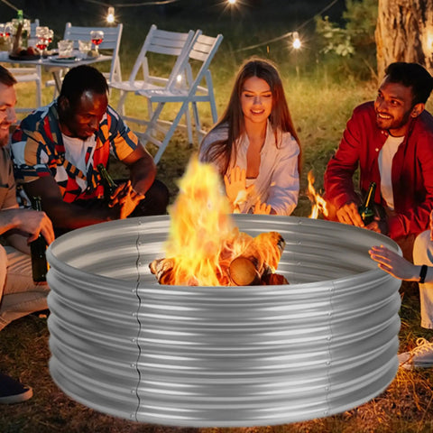 4 Foot Fire Pit Ring Galvanized Steel 48 Inch Wood Burning Ring For Backyard Bonfire And Camping, with friends gathered