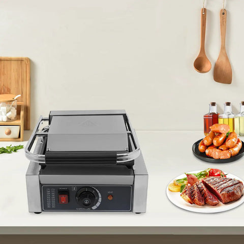 1800W Commercial Panini Press Grill Stainless Steel Electric Sandwich Maker With Adjustable Temp Control on kitchen counter.